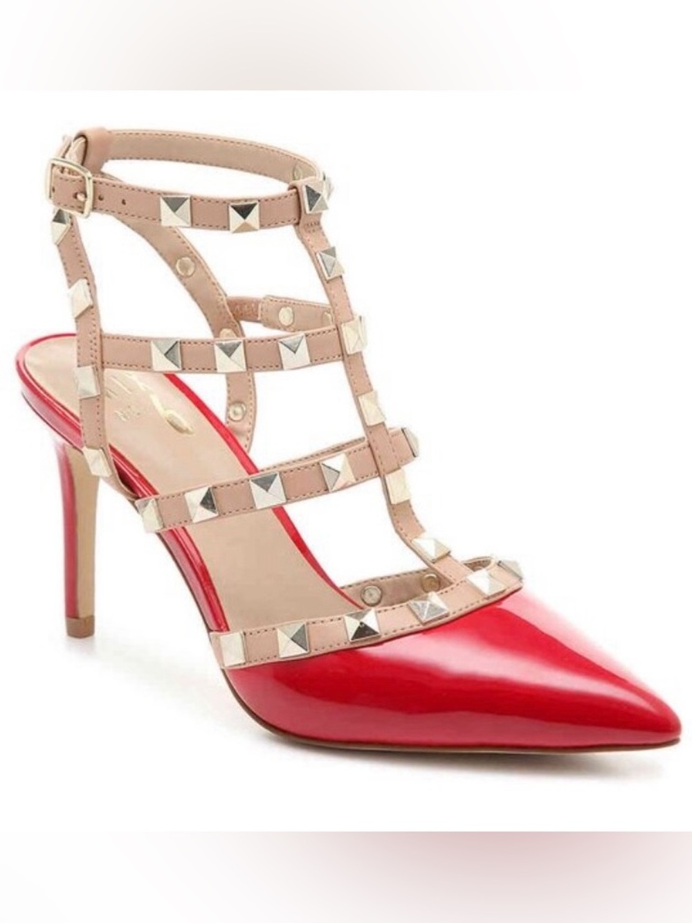 👠 Mix No. 6 Liraven Red Patent Pointed Studded Strappy Heels
